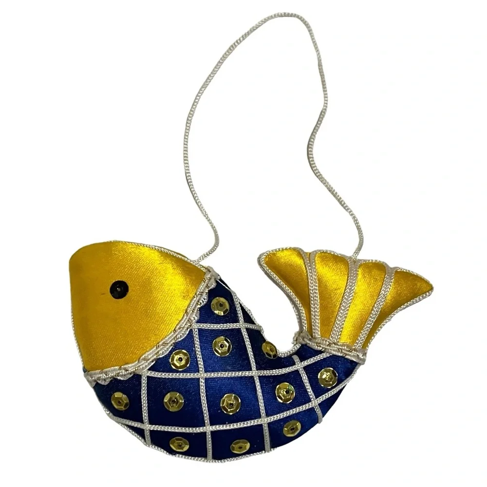 Vintage Satin Plush Sequin Blue & Gold Fish Christmas Ornament